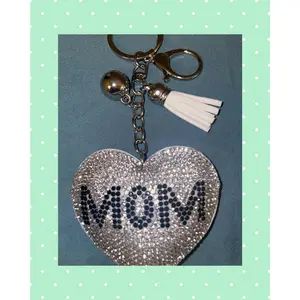 Bling Silver Rhinestone Mom Heart Puffy Tassel Keychain Purse Charm