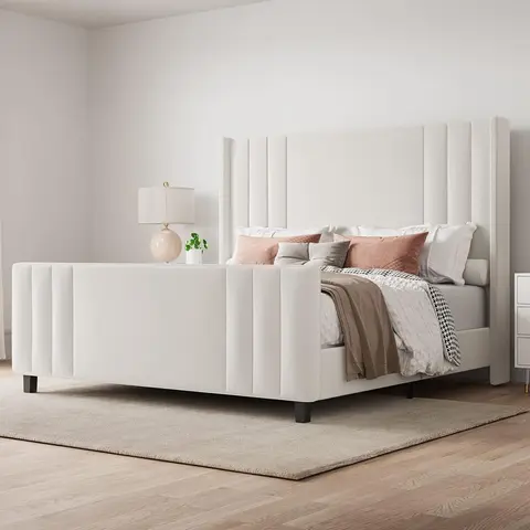 AMERLIFE Upholstered Bed with Vertical Channel Tufted Wingback Headboard & Footboard, Premium Velvet,No Box Spring Needed/Cool Furniture Bedroom/Queen/King Size/Best Gift Ideas/Christmas Gifts[TikTokShopFallDealsForYou]