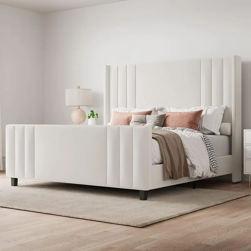 AMERLIFE Upholstered Bed with Vertical Channel Tufted Wingback Headboard & Footboard, Premium Velvet,No Box Spring Needed/Cool Furniture Bedroom/Queen/King Size/Best Gift Ideas/Christmas Gifts[TikTokShopFallDealsForYou]