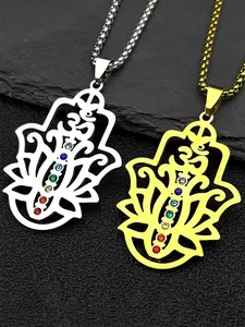 Hamsa Hand 7 Chakra OM Symbol Lotus Flower Pendant Necklace for Women Men Stainless Steel Hinduism Yoga Healing Chain