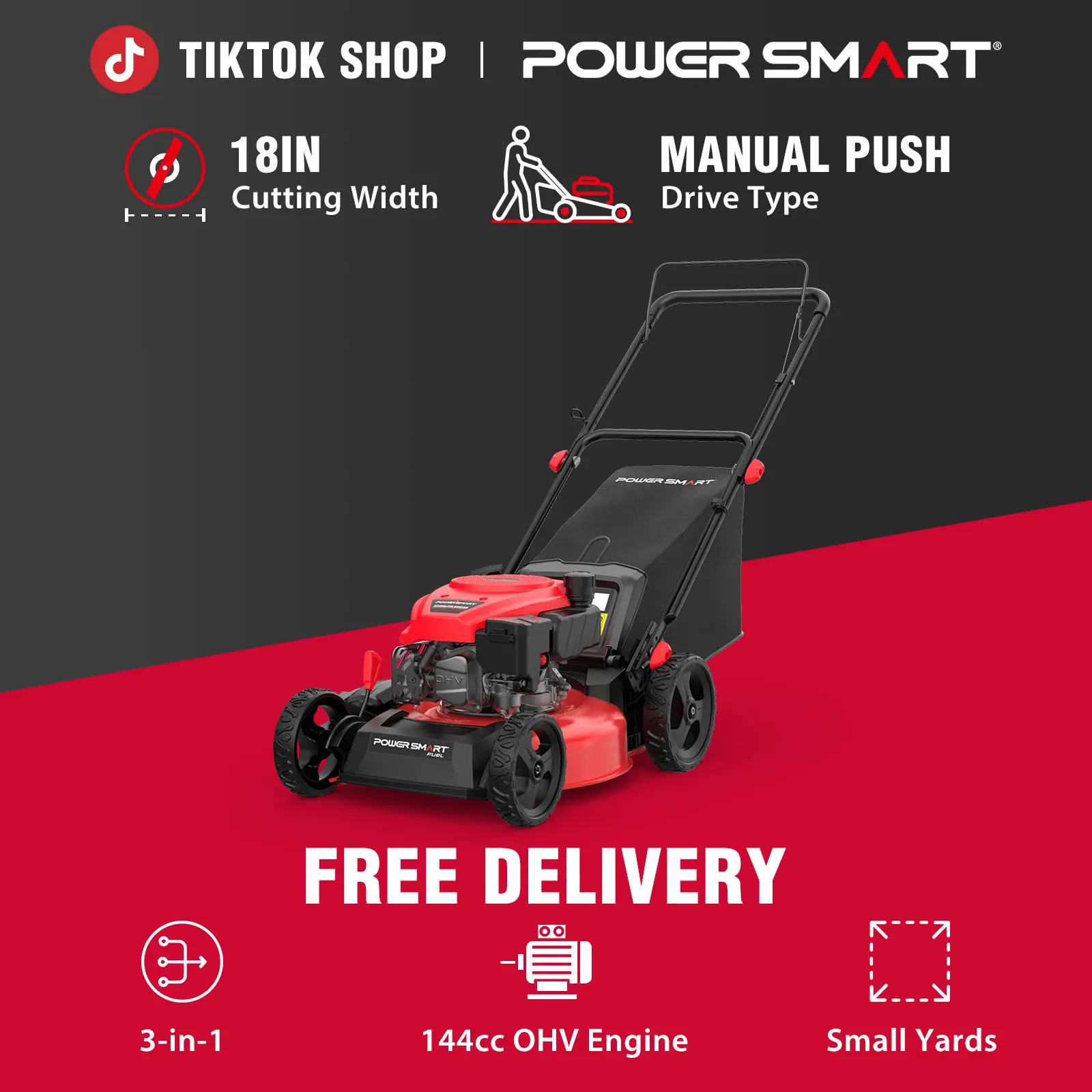 PowerSmart Gas Powered Walk-Behind Lawn Mower (Models DV8618C/DV8618P(Z)) - 18-Inch, 144cc Engine, 2-in-1/3-in-1 Mulching Push Design, 6-Position Adjustable Height, Lawn Care Equipment, Adjustable Height Mower