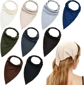 9 Pack Solid Large Cotton Triangle  Scarf Elastic Hair Bandana Headbands Plain Silk  Coverings  Scarves Wraps Blank Headscarf Kerchief Bulk for Women