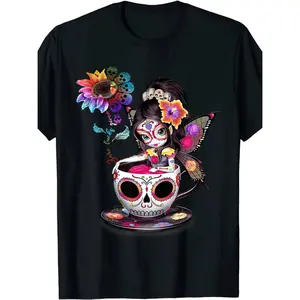 Vibrant Day of the Dead Sugar Skull and Sunflower Print Cotton Short Sleeve T shirt for Men and Women Casual All Season