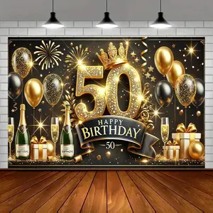 1pc 2D Flat 1 Luxurious 50th Birthday Celebration Banner - cm Durable Polyester, Golden and Black Theme with Fireworks & Champagne Design, Perfect for Parties, Family Gatherings, Garden Events, Studio Backdrops,