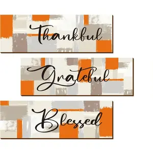 3 Pcs Orange Bathroom Decor Thankful Grateful Blessed Wall Signs Orange Wall Decor Wooden Hanging Art Decoration for Living Room Bedroom Farmhouse Office 12x4 Inch Home Decor Products Bathroom Decorations