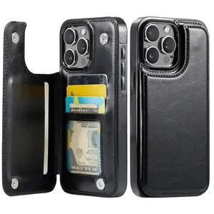 Sleek Black Leather Wallet Card Holder Phone Case for iPhone 17/16/15/14/13/12 Pro/Plus/Pro Max/Air Protection Shockproof Cover Casing