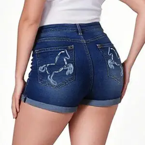 Summer Plus Size Shorts, Pony Embroidered Back Pocket Jean Shorts, High Waist Stretch Retro Summer Bottoms, Comfortable and Slim Fit Shorts