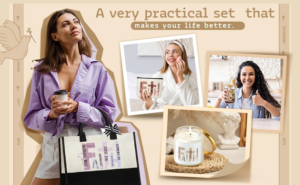 Christian Gifts for Women Easter Faith Religious Gifts with Tote Bag Makeup Bag Candle Cross Necklace Cup Greeting Card for Birthday Church Study Supplies, Gift for Christian Girl Mom Wife, Elegant Easter Gift for Sunday Prayer, Mother's Day Gift