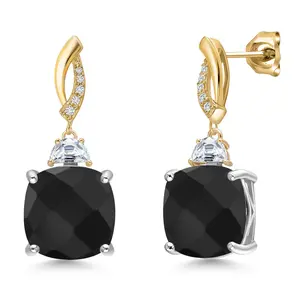 Gem Stone King 925 Silver and 10K Yellow Gold Black Onyx and White Moissanite and Lab Grown Diamond Dangle Earrings for Women | 11.51 Cttw | Gemstone December Birthstone | Cushion Checkerboard 12MM