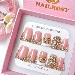 10Pcs Short Duck Press on Nail Sets, Acrylics DIY Nail Kit with 3D Floral Shining Rhinestone Design, Y2K Cute for Women Daily Wear Festivals