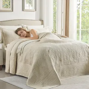 Oversized King Beige, 128x120 California King Bedspread, 3 Piece Soft Microfiber Lightweight Wide Quilted Comforter Set, Vintage Boho Striped Pattern Summer Coverlet