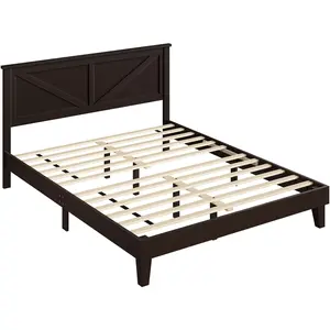 Costoffs Farmhouse Wood Bed Frame with V-Designed Headboard ，Solid Rubberwood Platform, Bed Frame with Wood Slat Support, No Box Spring Needed, Noise-Free, Easy Assembly