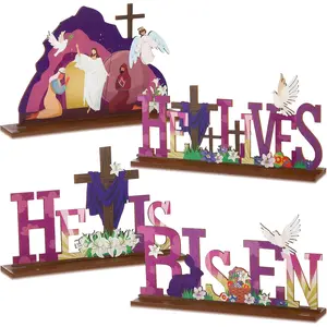 4 pieces of Easter table decorations, tabletop decorations, wooden logos, Jesus crosses, suitable for Easter religious parties, holiday decorations