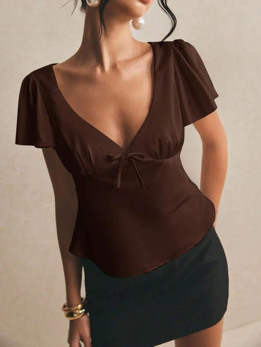 TNK x Poéselle Women's Summer Elegant Sexy Romantic Commuter Date Goin Out Date Night Night Out Brunch Going Out Solid Color Blouse Chocolate Brown