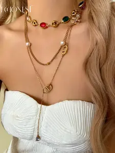 Women's Stainless Steel Letter C Zircon Choker Necklace, Elegant Y-Shape Pendant Jewelry for All Seasons