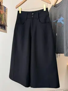 High-Waisted Wide-Leg Seven-Quarter Pants, Korean Style Slimming Flowy Suit Fabric, Ideal for Pear Shape, Office Wear, Comfortable Fashion