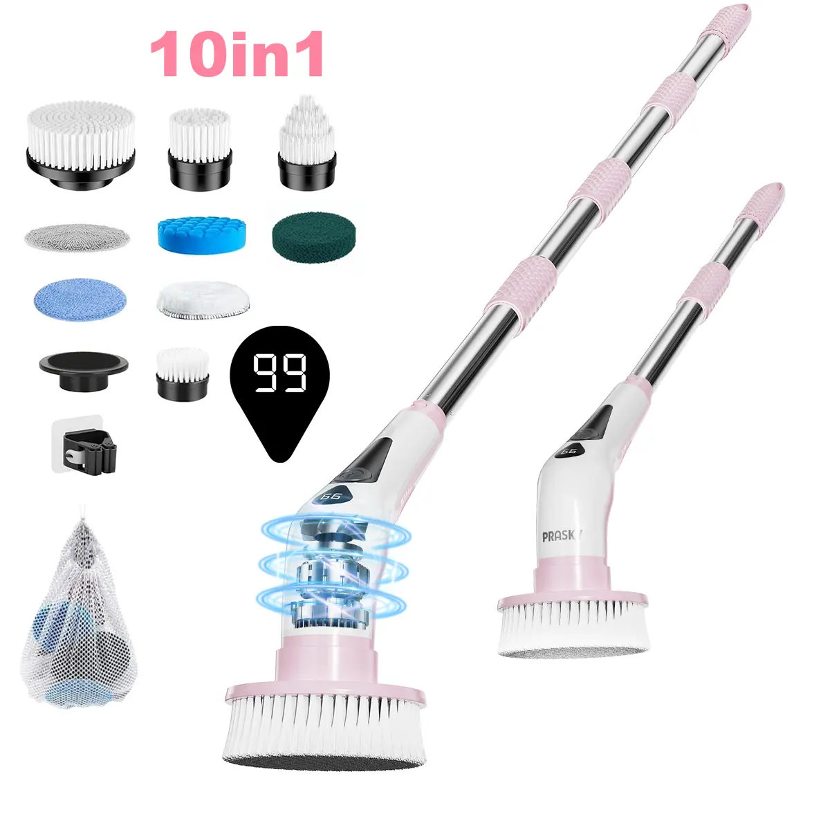 Prasky Electric Spin Scrubber,Cordless Shower Scrubber with 9 Replaceable Brush Headsand,IPX8 Waterproof,Battery Level Display, Power Scrubber for Bathroom Bathtub Tile Floor