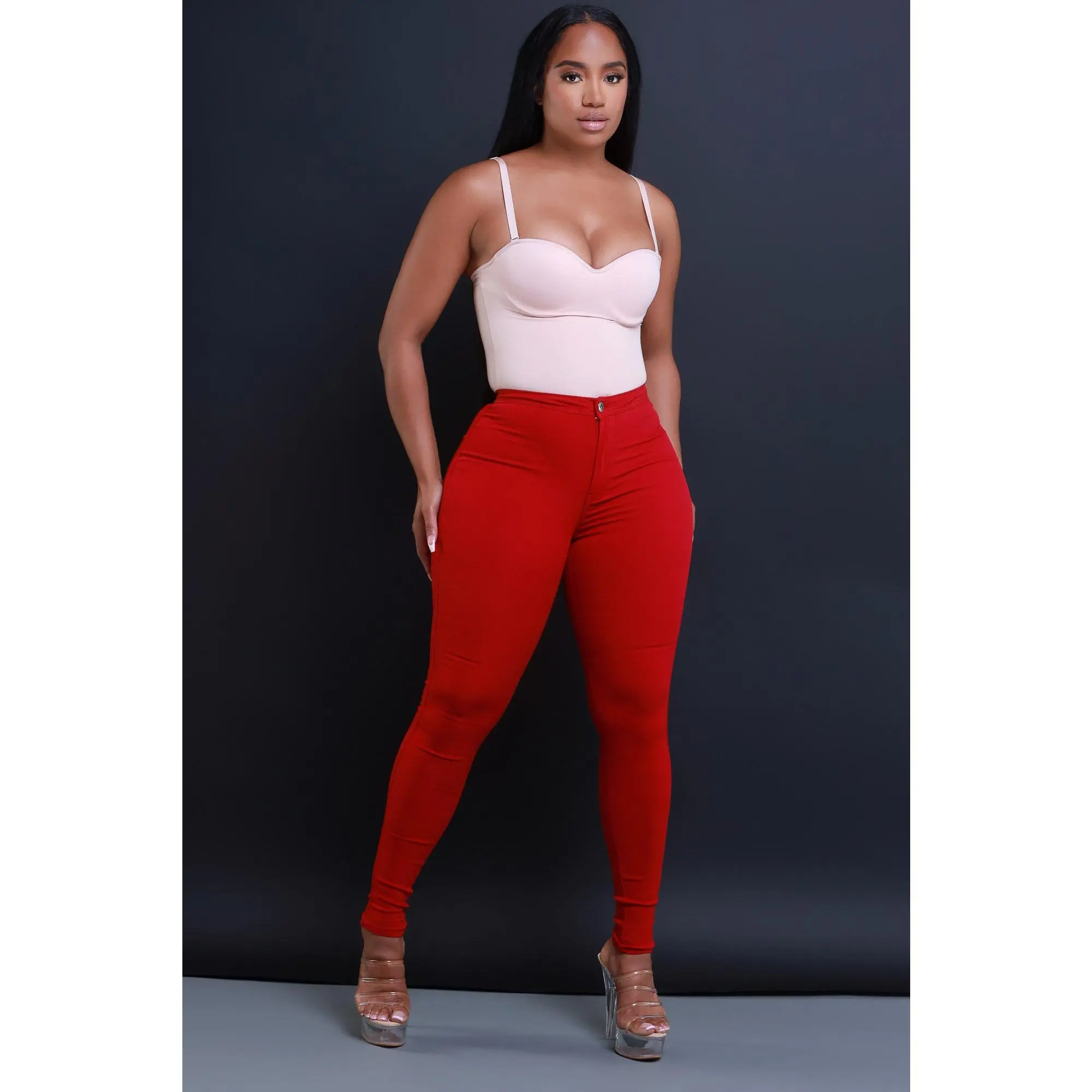 Super Swank High Waist Stretchy Jeans - Burgundy