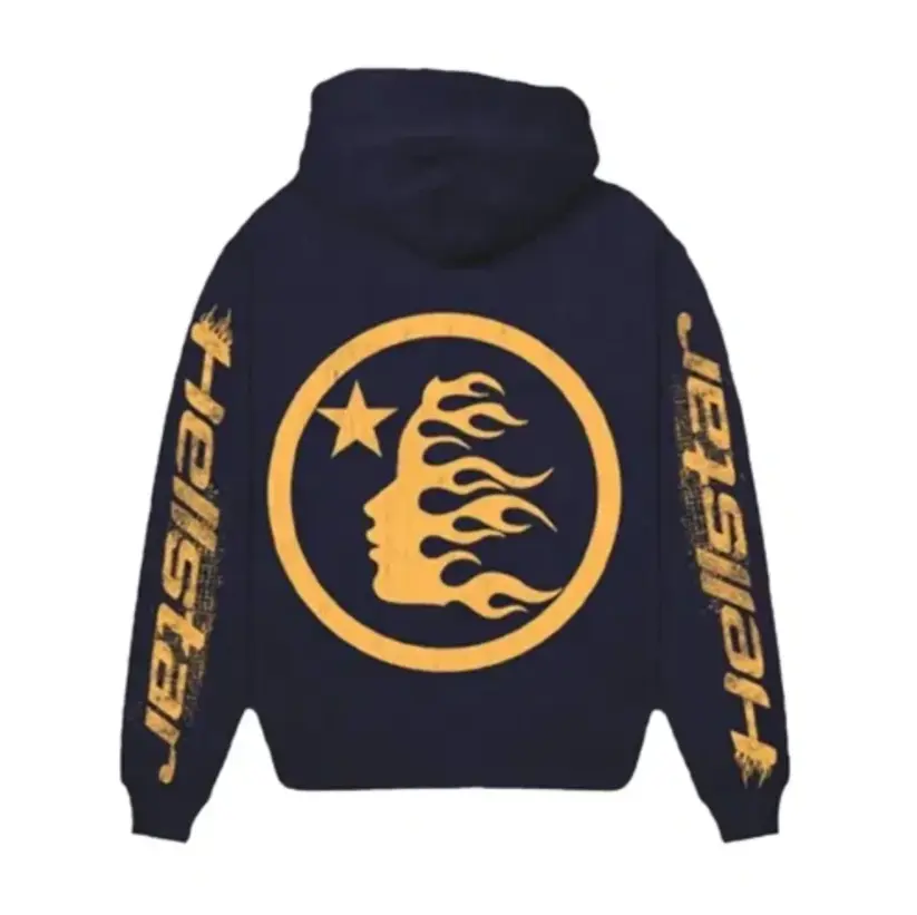 Hellstar Gold Graphics Speed Navy Blue Hoodie, Graphic Oversized Y2K Streetwear Pullover Sweatshirt