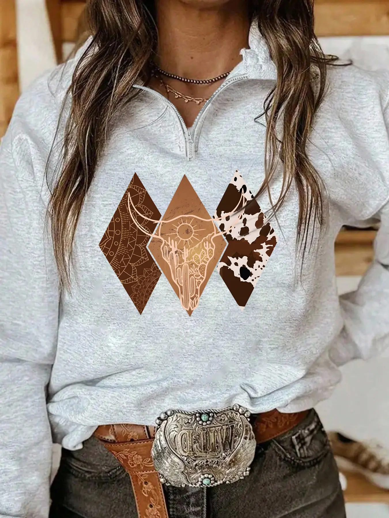 Women's Casual Long Sleeve Sweatshirt Hoodie, Rhombic Pattern Cow Print Half Zip Fitted Pullover, Comfortable Lightweight Spring & Fall Fashion Womenswear Tops Garment
