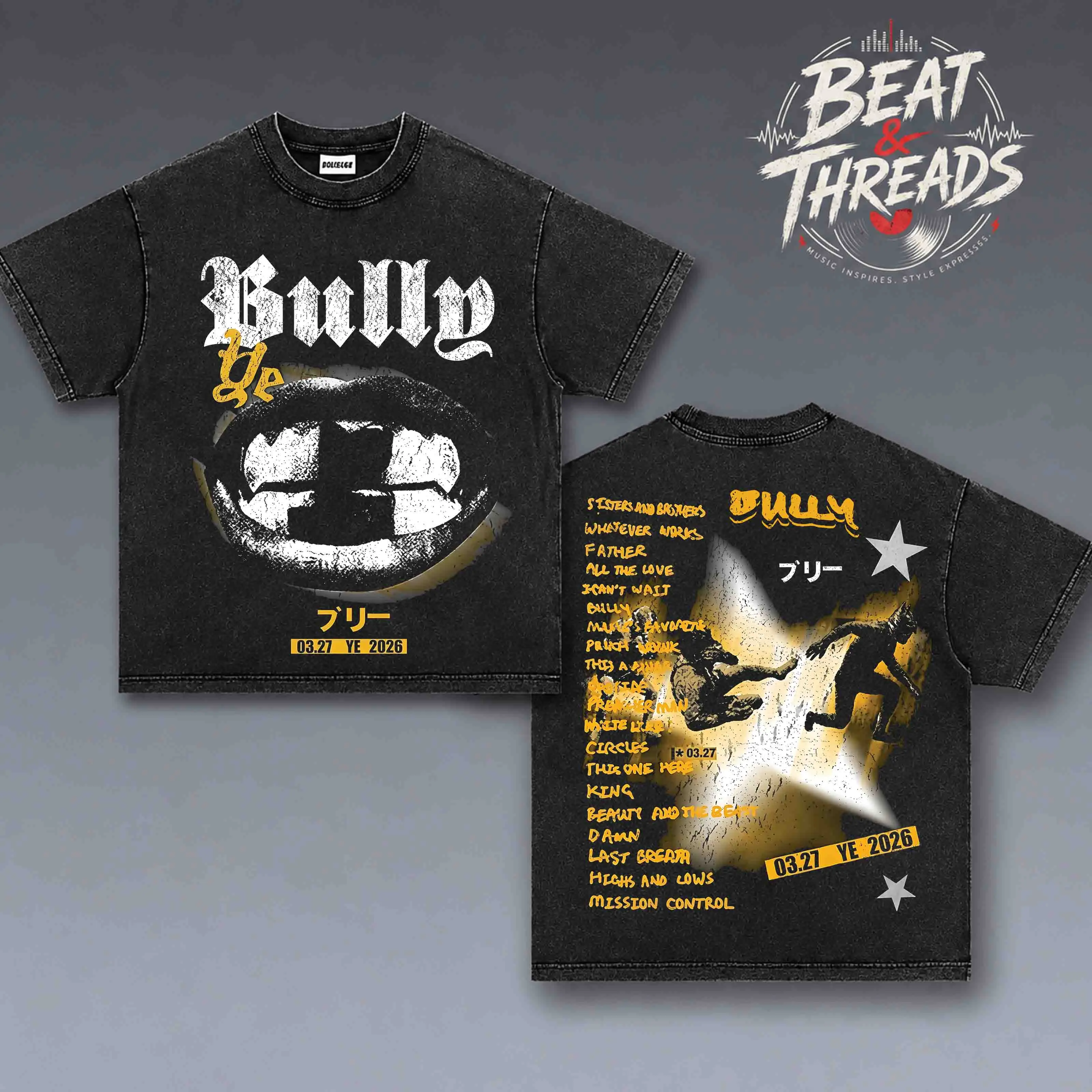 [ Beat & Threads ] YE Bully Album Inspired Tracklist Graphic Premium Acid Washed Cotton T-Shirt, Vintage Hip-Hop Streetwear Tee, Washed Black Oversized Heavyweight Shirt for Rap Music Fans, Concert Outfit, Unisex Graphic Tee, Soft Breathable 2026