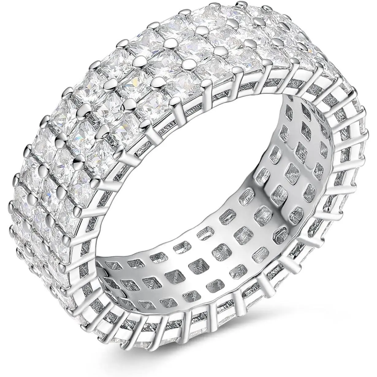 MDFUN 3 Row Eternity Band for Women Cubic Zirconia Ring Stackable Engagement Wedding Ring Size 5-10 R-1007-W