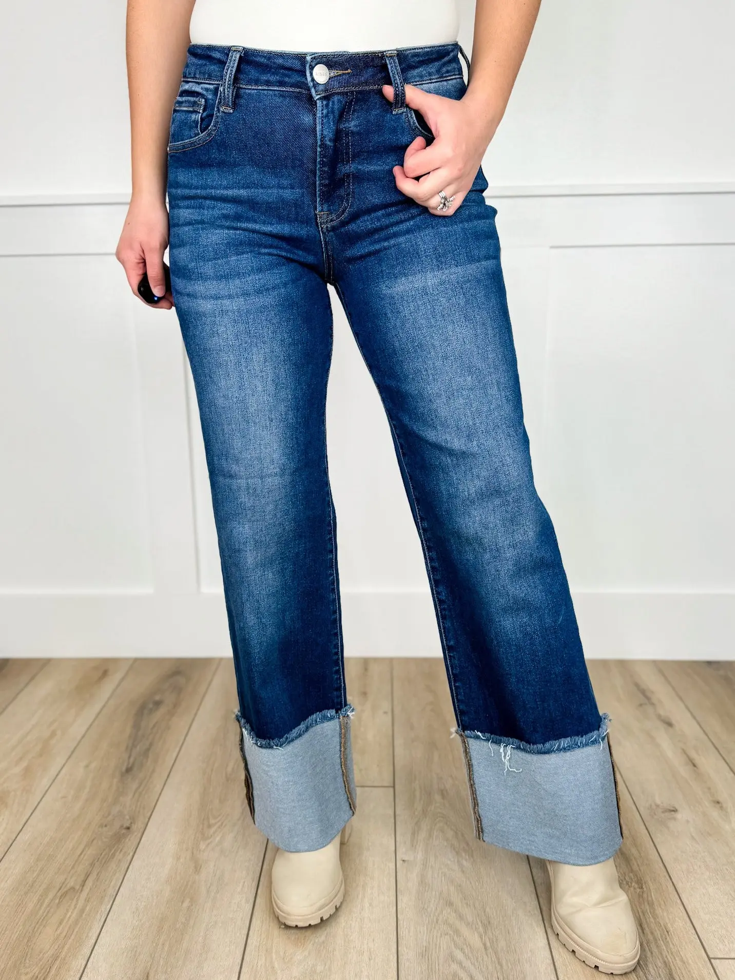 Women's Hadley Mid-Rise Flared Jeans - Dark Wash Cotton Blend with a Statement Cuff for a Clean Look, Plus Size, Bottoms, Denim, Plus Size Basics