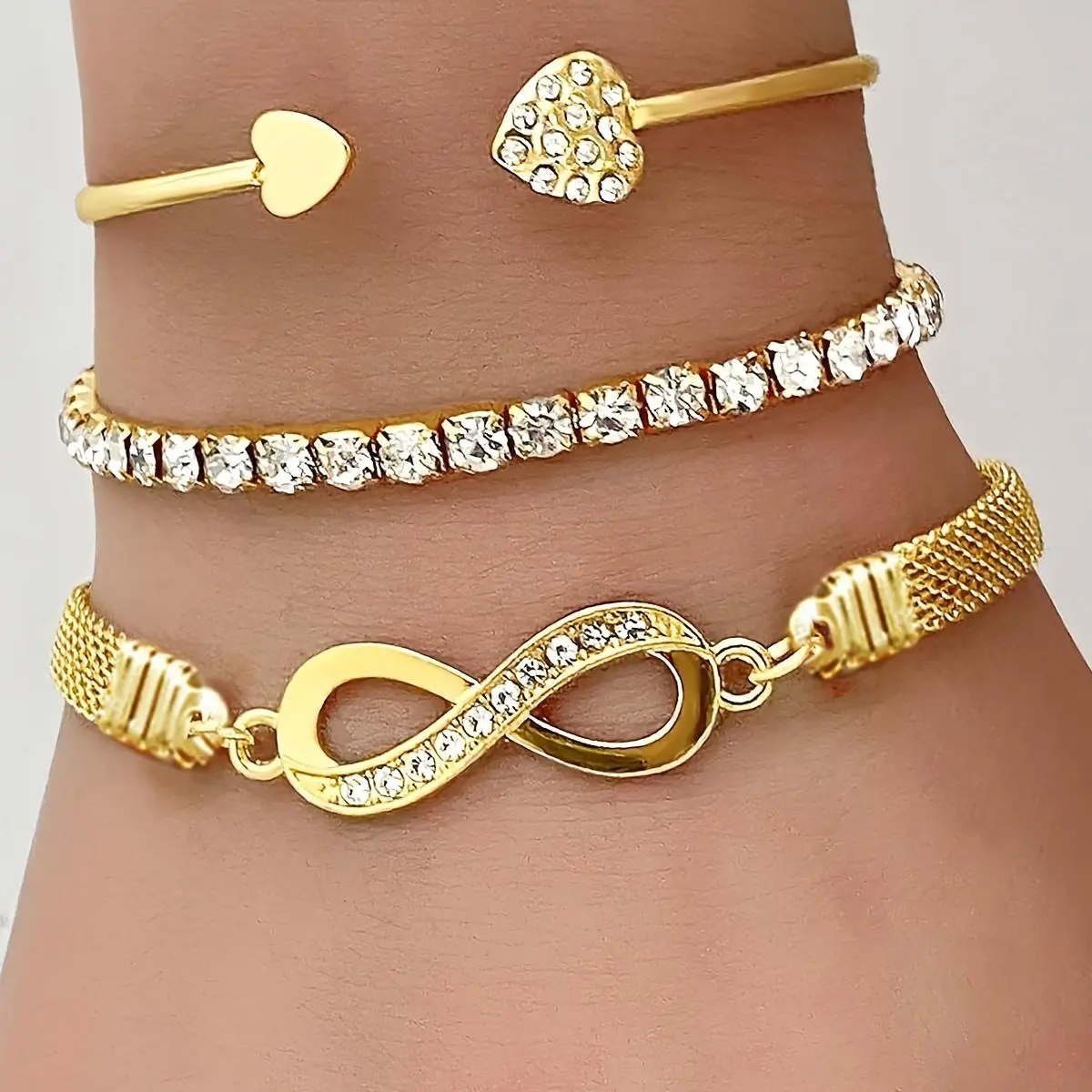 18K Gold Plated 3pcs Women's Bracelet Set Rhinestone Infinity Symbol Tennis Chain Open Bangle Fashionable Elegant Versatile for Daily Wear Party Gift for Girlfriend
