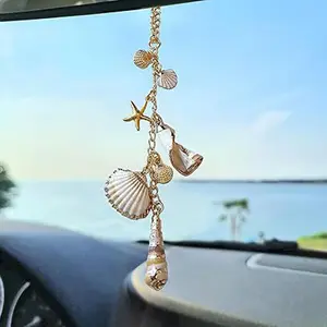Handmade Boho Beach Car Mirror Charm - Coastal Starfish & Seashell Hanging Pendant with Golden Chain, Durable Aesthetic Rearview Decor for Women, Coastal-Themed Accessories