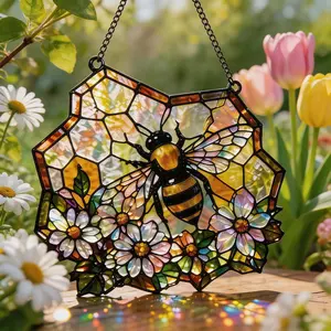 Stained Glass Bee Suncatcher, Honeycomb Floral Window Hanging, Bee Lover Gift, Garden Decor, Handmade Glass Art, Mother’s Day Gift