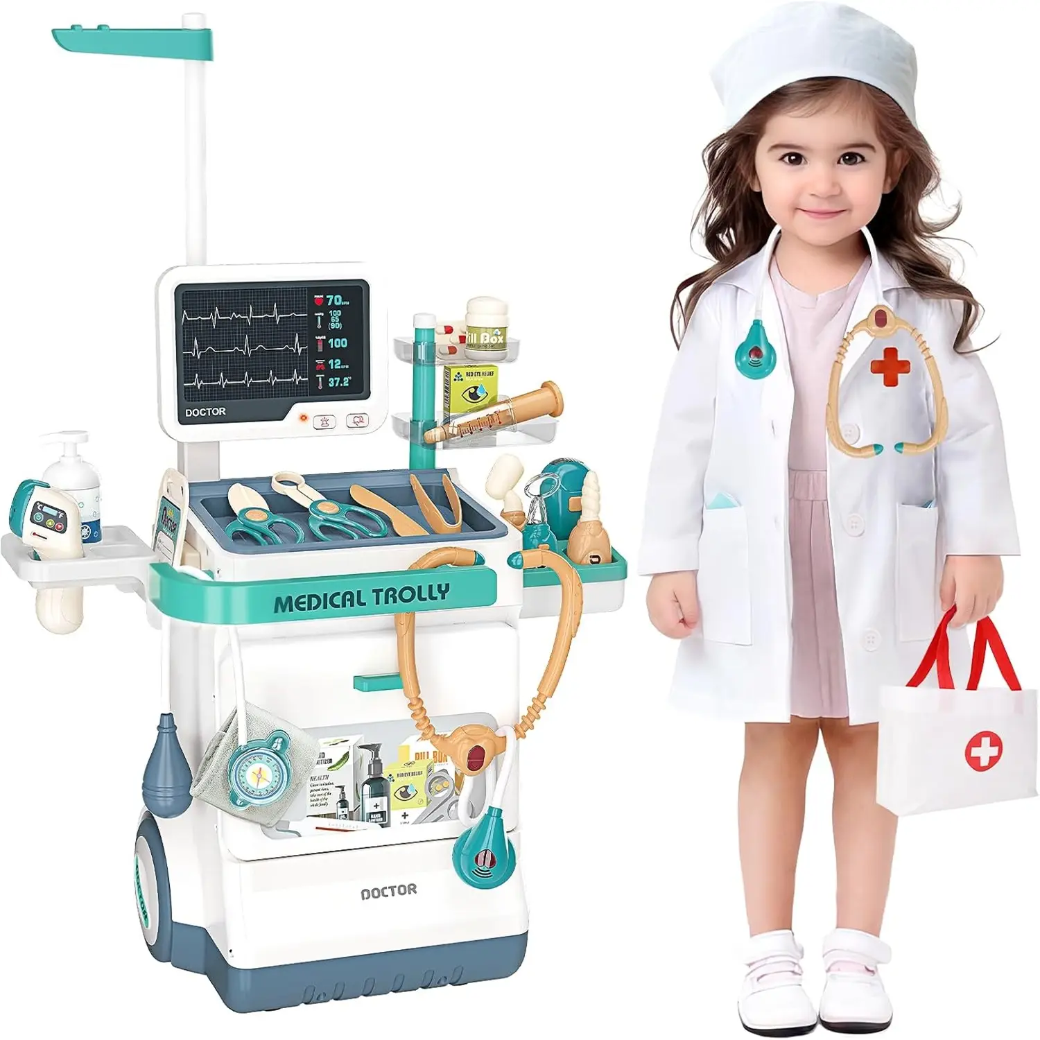 Doctor Kit for Kids, Pretend Medical Station Set for Boys & Girls, Mobile Cart with Sound and Light, Kids Doctor Kit for Toddlers 3-8 Birthday Gifts