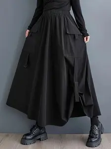2026 Dark Japanese Y2K Workwear Patchwork Skirt, High Waist Slimming A-Line Long Dress, Unique Design, Loose Fit, All Seasons