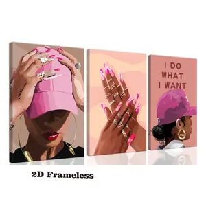 Set of 3, Black Girl Canvas Wall Art, Pink Trend, Black American Women Poster, suitable for home decor in living rooms, bedrooms, home offices, etc., 2D flat, frameless canvas poster