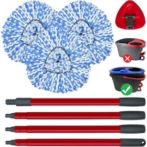 Spin Mop Replace Head, Mop Handle and Base Compatible with Ocedar RinseClean 2-Tank System, 3 Mop Head, 4-Section Sturdy Iron 30-58in Mop Handle and 1 Mop Head Cover Combo Set
