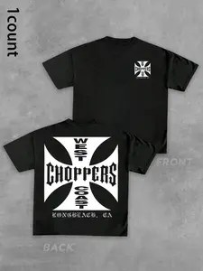 West Coast Motorcycle Cross Print T-Shirt, Gothic Font Short Sleeve, Casual Fitted Graphic Tee, All Seasons