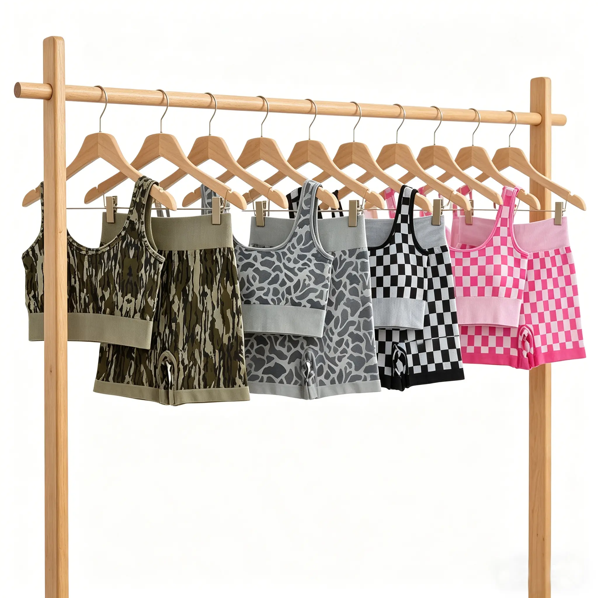 Women Camouflage Checkered Stretchy Crop Top 2pcs Yoga Summer Active Wear Sports Sets
