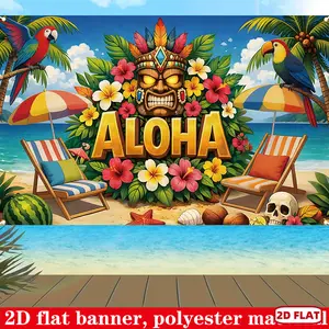 1pc 2D Flat Tropical Theme Throws Banner - Hawaiian Luau Decor with Parrot, Tiki Mask Design, Tropical Beach Backdrop for Pool Parties, Tiki Themed Events