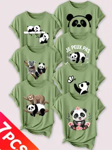 Women's 7-Pack Casual Short Sleeve Crew Neck T-Shirt, Lady, Panda & Koala & Sloth Print Set, Multiple Colors, Machine Washable, Spring & Summer Top, Soft Skin-Friendly Fabric, Daily Wear, Fashion Design