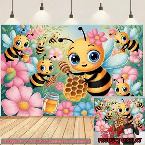 2D flat banner, 1pc Cute bees with honey and flowers Background Decoration Background Photo Props, Polyester Banner Decor, Home Decor, Room Decor, Wall Decor, Wall Hanging Backdrop, Backdrop Picture, Party Decor/supplies/gifts Decorative Background