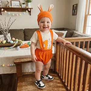 Baby Boy Easter Outfits Bunny Carrot Letter Embroidered Short Sleeve Romper Suspender Shorts and Hat 3 Pcs Set