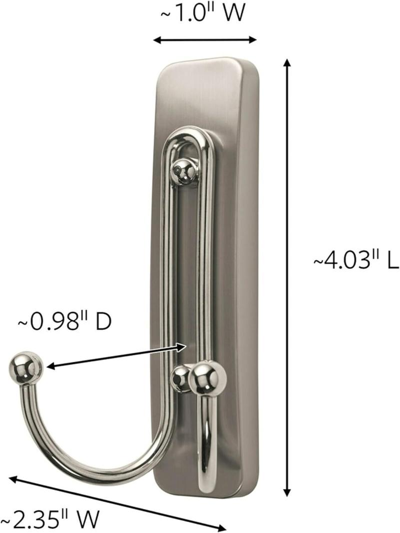 Large Brushed Nickel Double Hooks, 2 Hooks and 2 Command Strips, Damage Free Hanging Wall Hooks with Adhesive Strips, No Tools Coat Hooks for Hanging Home Decor, Holds up to 4 lb