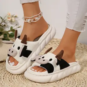 Women's Soft Cute Cartoon Cow Shape Linen Fabric Thick Bottom for Comfy Home Wear Slippers