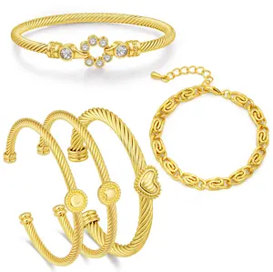 Aprilery Sun & Moon Balance Bracelet Set 5pcs – Elegant Gold Cable Bangles Charms Symbolizing Spirituality and Love, Adjustable Stackable Jewelry for Women