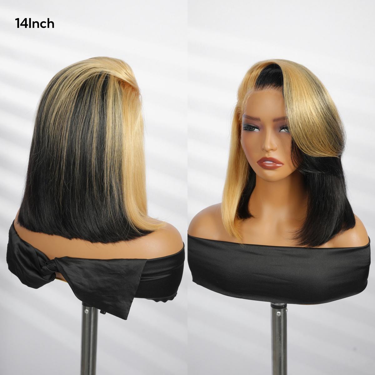 AliPearl Glueless Skunk Stripe Black Honey Blonde Color Straight Short Bob 13x6 Lace Frontal Wigs with Drawstring Ready to Go Pre Cut Pre Plucked Human Hair