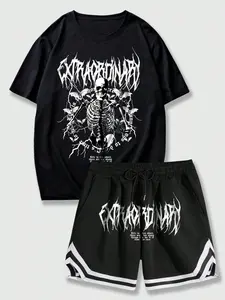 Men's Extraordinary Skull Print Two-Piece Set, Metal Font Slogan, Bat Pattern, Basketball Stripe Shorts, Soft Comfort Fabric