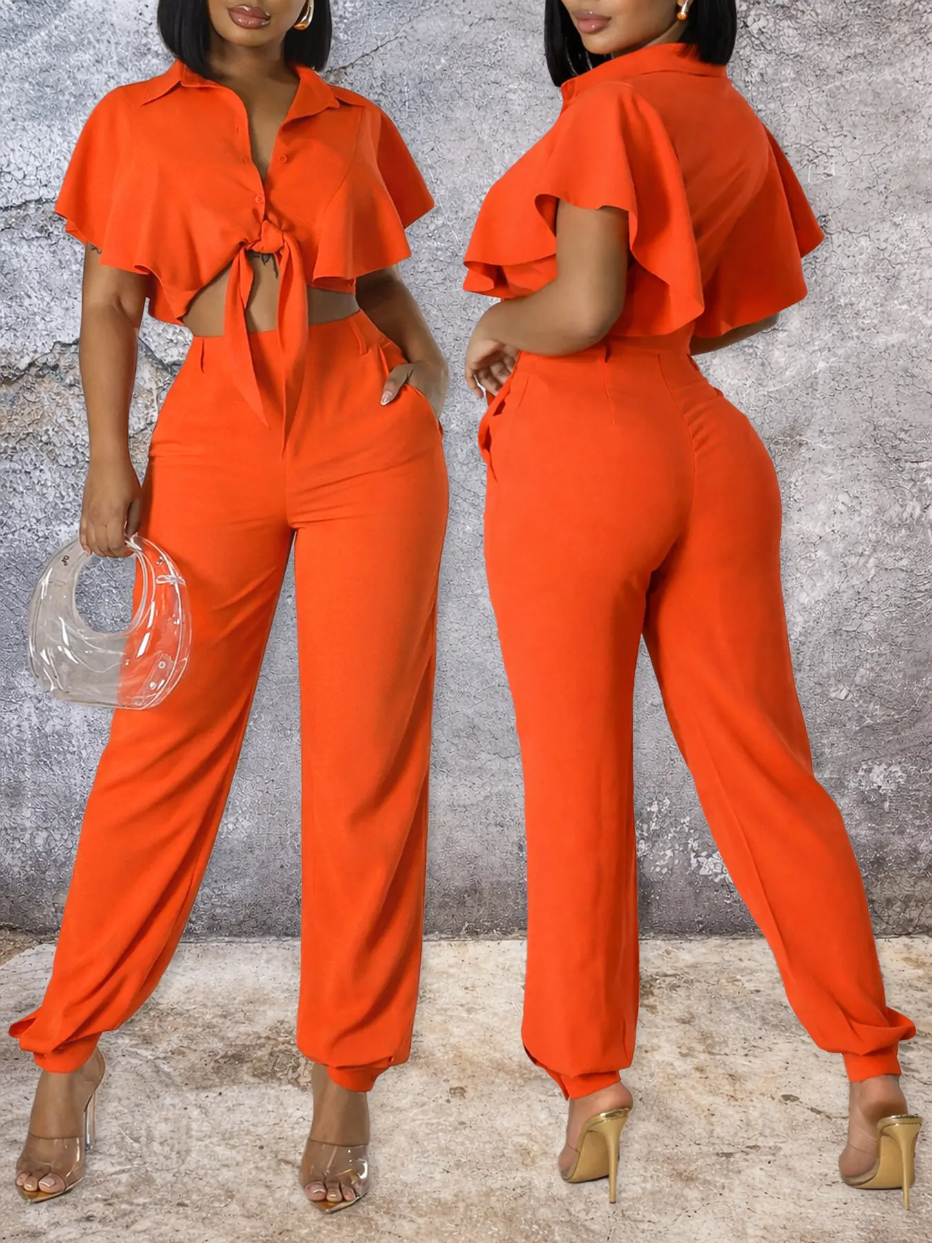 Women's 2-Piece Orange Casual Set - Fit, Short-Sleeve Tie-Front Ruffle Crop Top & High-Waist Pants, Comfortable Women's Clothes for Summer Vacation