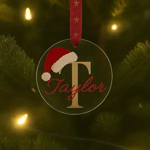 Personalized Clear Acrylic Christmas Ornament with Custom Name Taylor Initial T Santa Hat Design Holiday Keepsake Gift