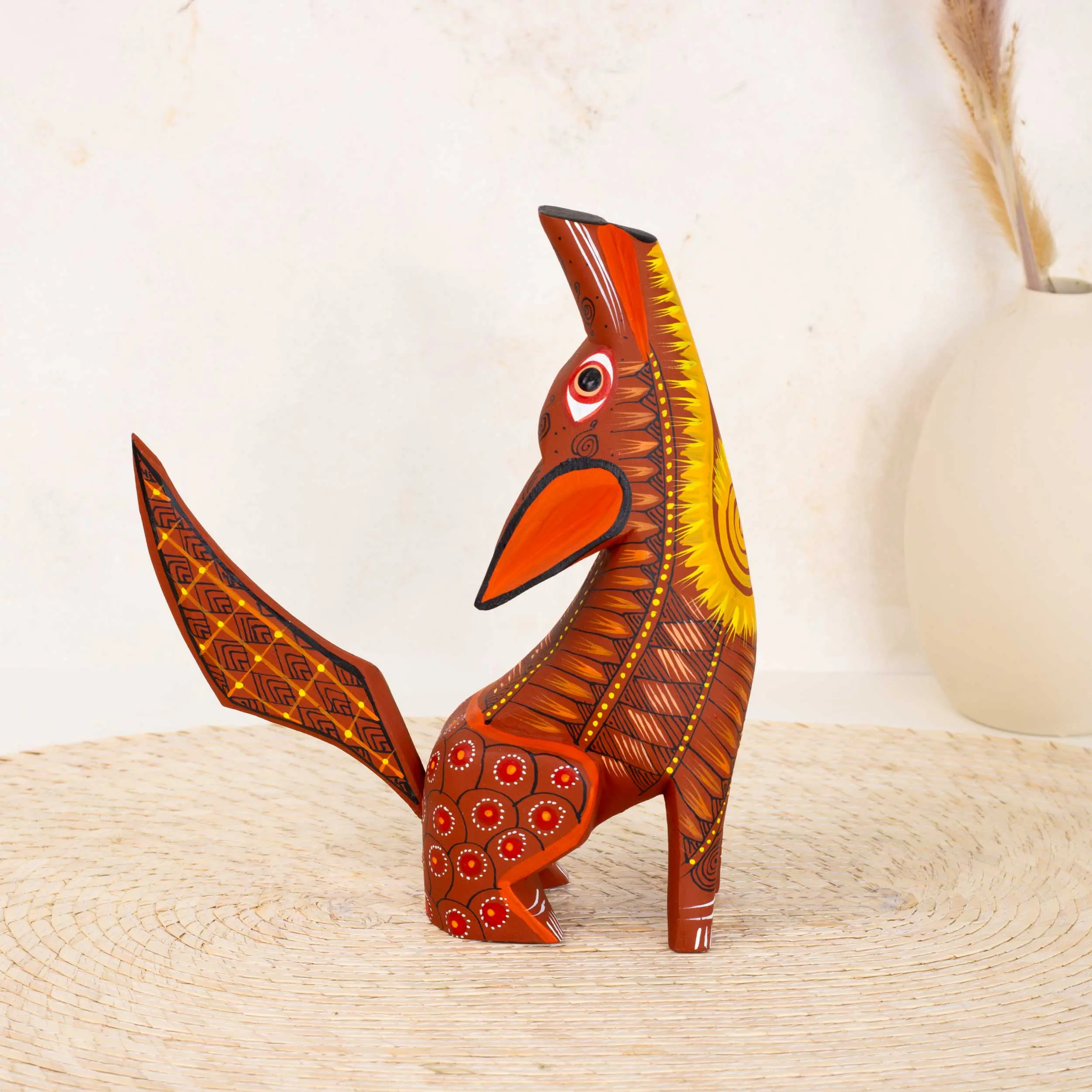 X-Large Hand-Carved Hand-Painted Wooden Coyote Alebrije Sculpture - 1¾” Width, 5" Depth, 6" Height, Frets, Mexican Folklore Artisanal Abstract Carved Figurines, Home Decor Statue