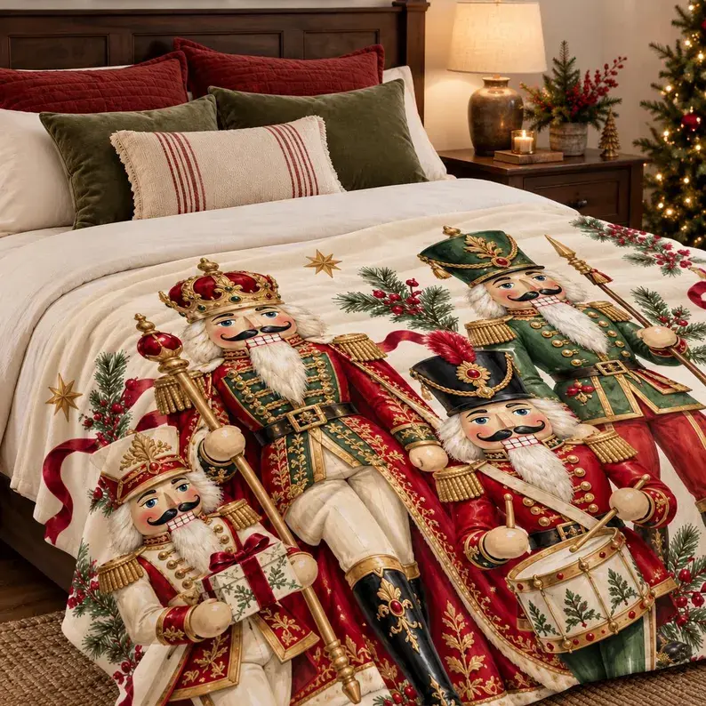 Nutcracker Christmas Throw Blanket, vintage-style red and green flannel fleece, white reverse side, cozy warm festive holiday throw for couch and bedroom, classic ballet Nutcracker print, traditional Christmas home decor, soft reversible blanket for movie