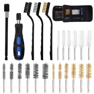 24 count 3 Materials 6 Sizes Bore Wire Brush with Wire Scatch Brush Kit, Stainless Steel, Brass, Nylon Cleaning Brush with Handle and Twisted Wire Cleaning Brush - 1/4 Inch Hex Shank